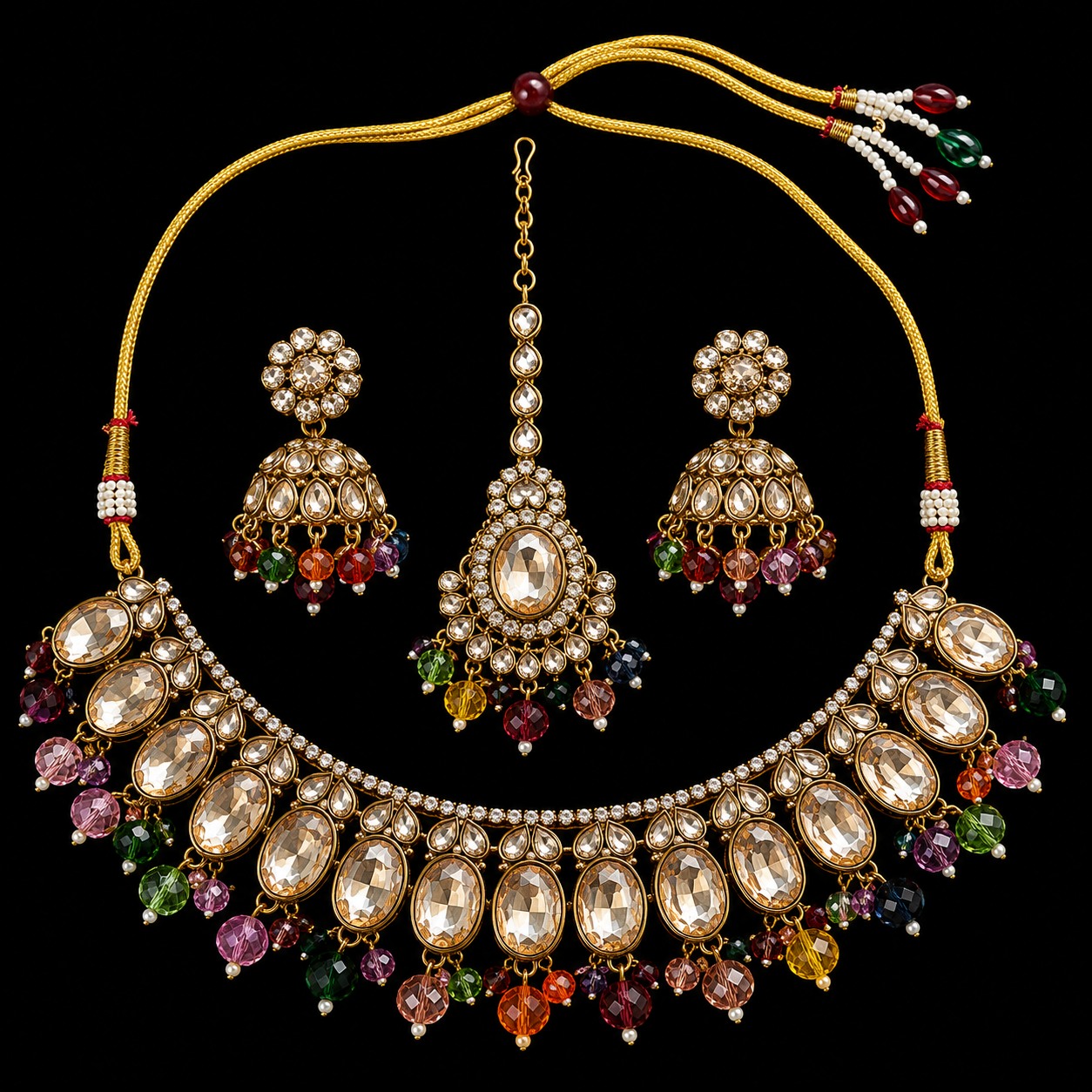 Gold Kundan & Rainbow Crystal Necklace Set