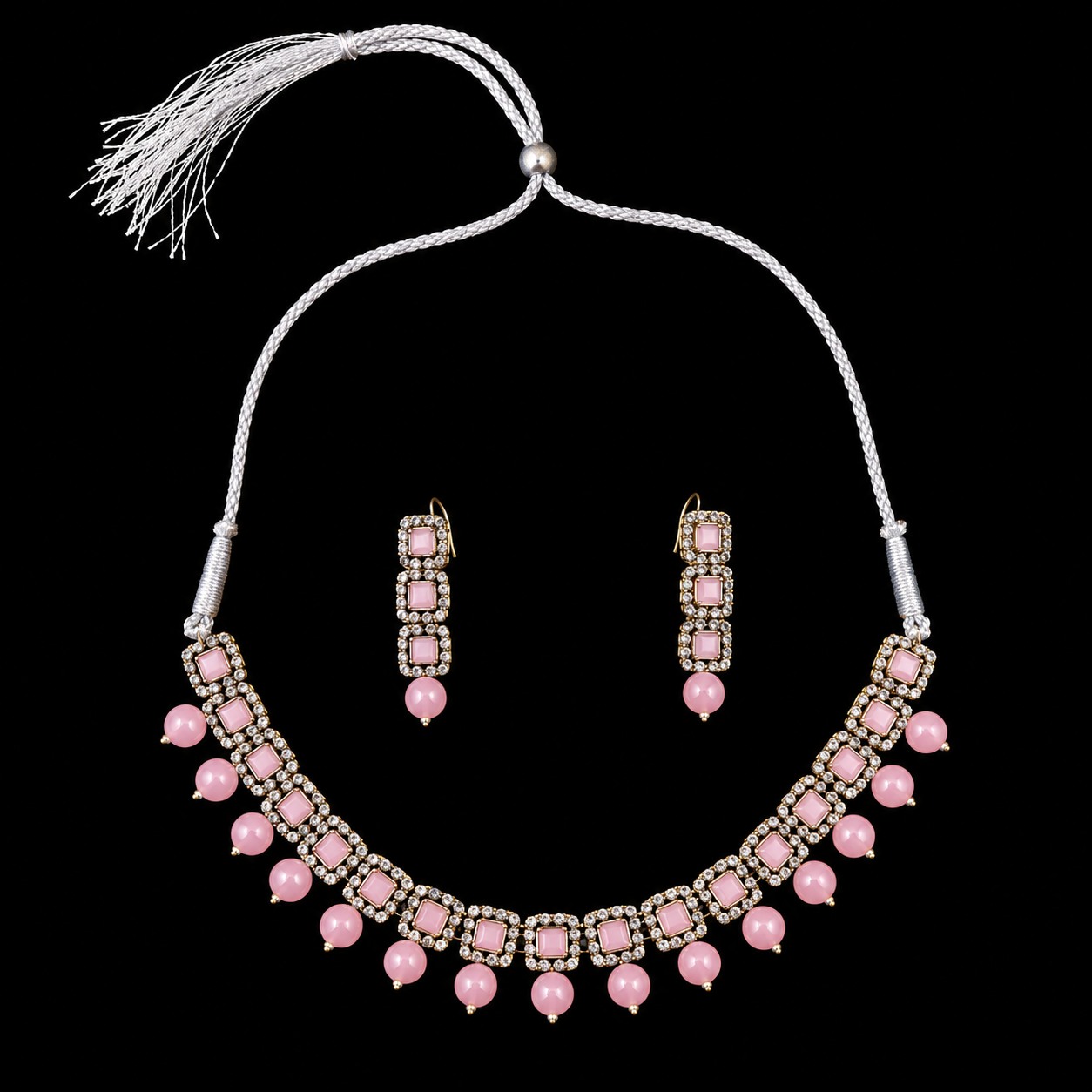 Silver Pink Bead Necklace Set